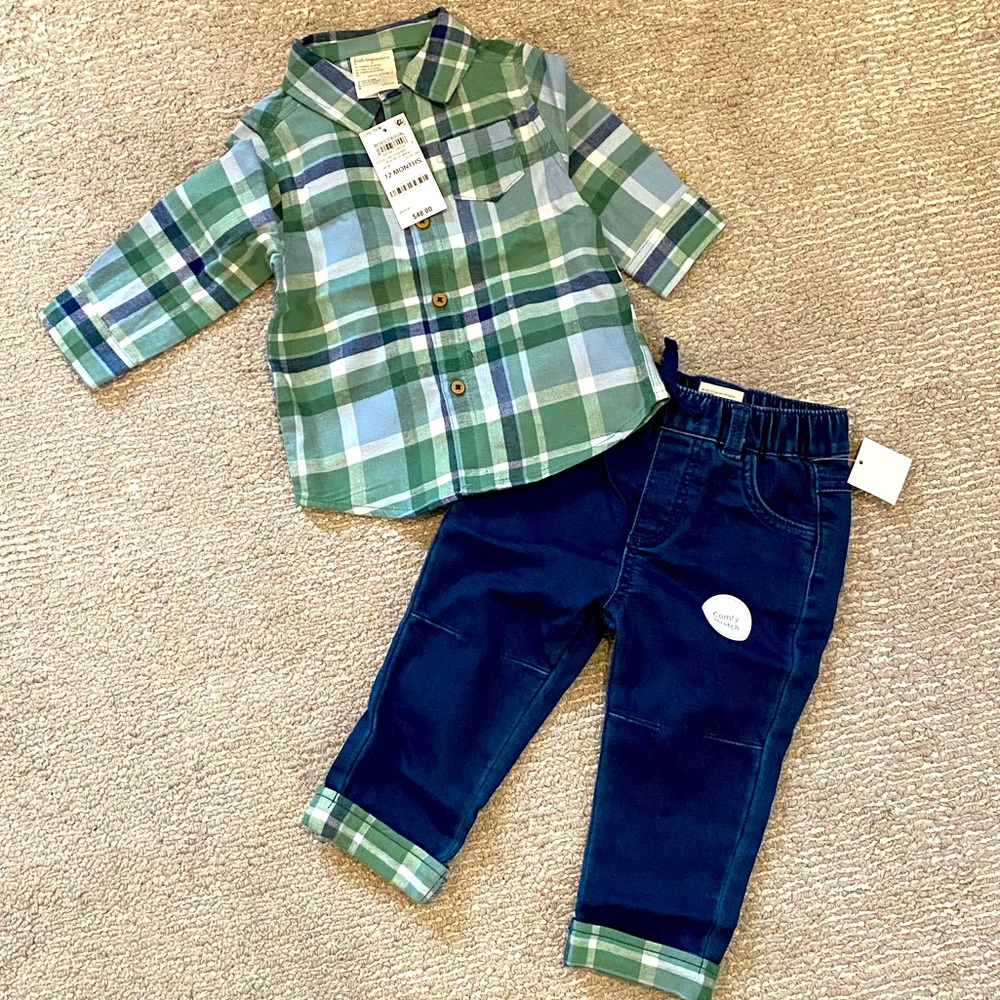 First impressions green plaid button down and denim set 12m